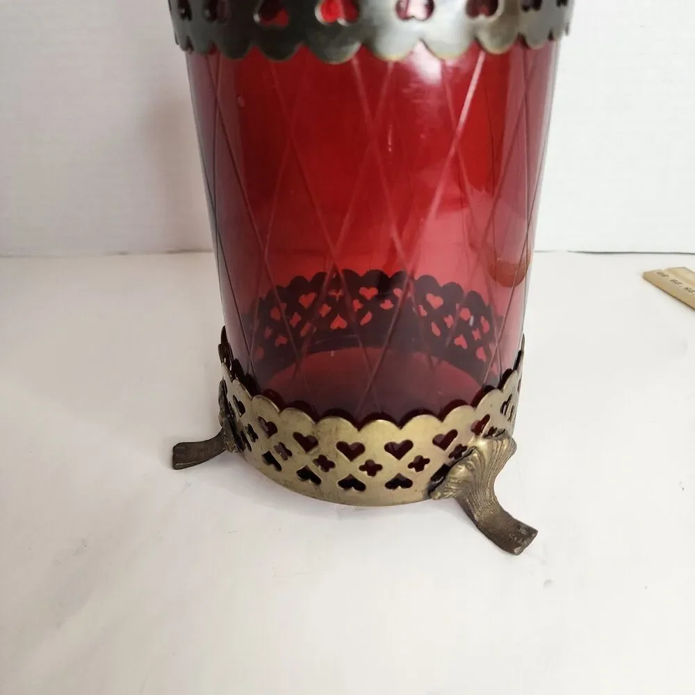 Vintage Bohemian Footed Ruby Red Diamond Cut w/Brass  Trim 7